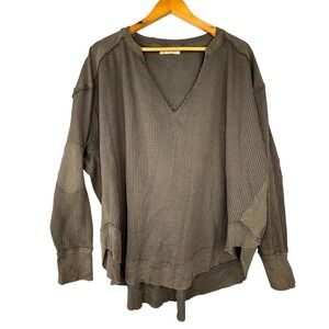 We The Free Free People Thermal Top Womens Medium Gray V-Neck Elbow Patch Boho